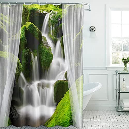 VOUGGIME 3D Spring Nature Waterfall Shower Curtain Tropical Jungle Shower Curtain Green Plant White Gauze Landscape Waterproof Fabric Shower Curtains Set for Bathroom Accessory Decor with Hooks 60x72 view 2