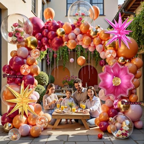 154Pcs Pink and Orange Balloon Arch Kit with Flower Foil & 2 Star Balloons for Bachelorette Party, Birthday, Wedding, Baby Shower – Pink and Orange Theme Party Decorations view 5