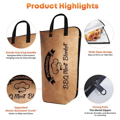 BBQ Blanket for Resting Meat, Puxinargo Brisket Blanket Meat Resting Bag for Smoking, Grilling Meat Insulated Resting Bag with Wide Mouth & Reinforced Handles for Large Brisket/Turkey, Large 23" view 5