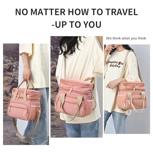 YAKUNCL Expandable Lunch Bag for Adults, 16L Insulated Double Layer Lunch Box, Leak-Proof Cooler Lunch Bag with Multi Pockets, Waterproof Reusable Lunch Tote for Work Office Picnic Travel (Pink) view 6