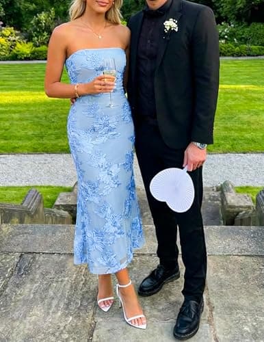 ZESICA Women's Summer Strapless Floral Midi Dress 2026 Bodycon Mesh Tube Wedding Guest Cocktail Party Formal Dresses view 3