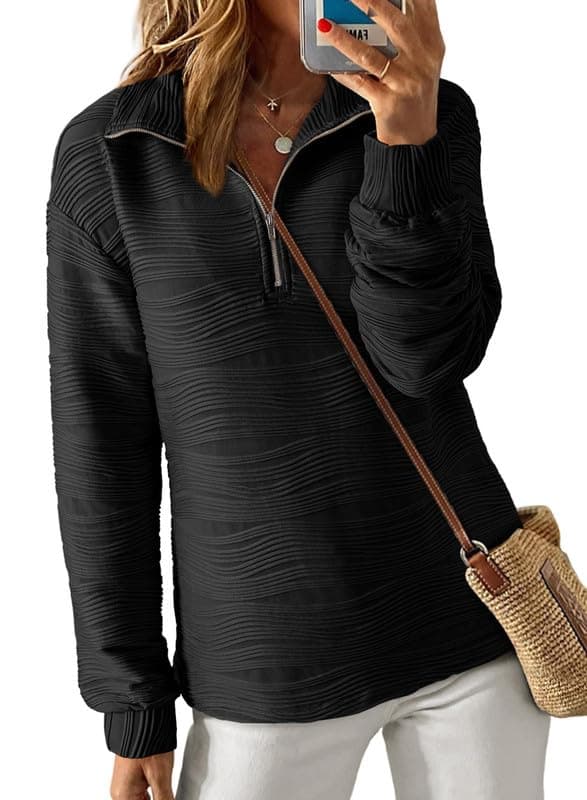 Dokotoo Women's Casual Half Zip Long Sleeve Pullover Shirts Solid Color Textured Sweatshirt Tunic Tops — image 1