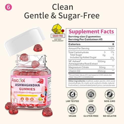 Ashwagandha Gummies for Stress Relief & Calm, 300 mg Root Extract with Magnesium and Vitamin D, Sugar-Free Vegan Supplement, 90 Count view 2