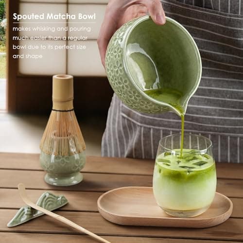 7Pcs Matcha Whisk Set, Matcha Set Whisk and Bowl,Bamboo Scoop, Scoop Rest, Sifter and Tea Towel, Matcha Kit W/Carved Cherry Blossm Pattern for Matcha Lovers (Sakura Green) view 6