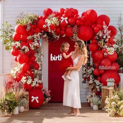 Double Stuffed Red Balloon with Bow, Matte Ruby Red Latex Balloon Arch Garland Kit in Different Sizes 5/12/18 in for Birthday Wedding Baby Shower Mothers Anniversary Bridal Shower Party Decorations view 6