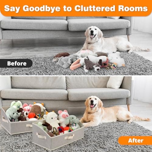 Jumpress 2 Pack Dog Toy Basket, Collapsible Cat Dog Toy Bin with Handles, Fabric Trapezoid Dog Toy Box Storage for Pet Dog Toys,Blankets,Clothes and Accessories (Ecru) view 5