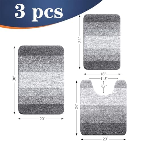 OLANLY Bathroom Rugs Sets 3 Piece, Soft Absorbent Microfiber Bath Mats and U-Shaped Contour Toilet Rug, Machine Wash Dry, Plush Shaggy Bath Mat Set for Bathroom (30"x20"+24"x16"+24"x20", Grey) view 2