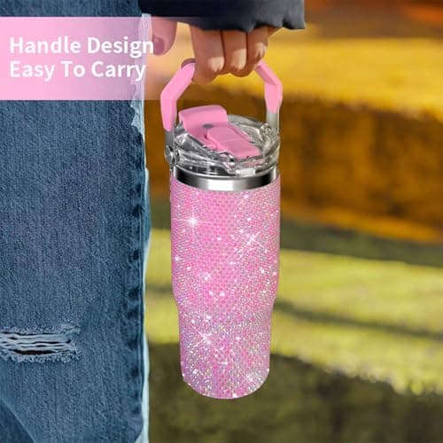 30oz Bling Rhinestone Studded Tumbler with Top Handle, Bling Cups Stainless Steel Water Bottle Diamond Glitter Tumbler for Women - Birthday Gifts for Women, Mom,Get Well Soon Gifts (Pink) view 5
