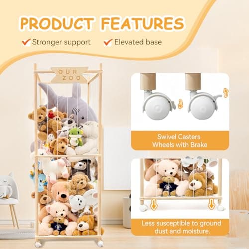 Stuffed Animal Storage Zoo with Wheels, Wooden Large Stuff Animals Plushies Holder, 22.5" D x 22.5" W x 64" H Toy Organizer Storage Cage with Elastic Band and Net for Nursery Playroom Bedroom view 5