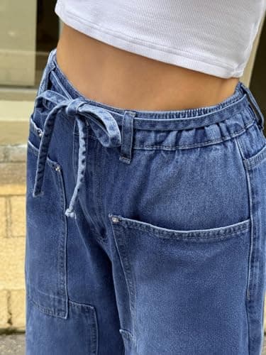 Cicy Bell Womens Wide Leg Jeans Vintage Mid Rise Baggy Boyfriend Belted Denim Pants with Pockets view 4
