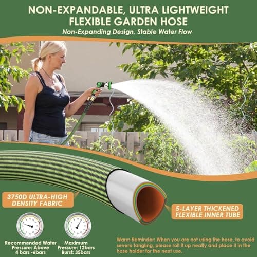 PALRORY Non-Expandable Garden Hose 100 ft, Ultra Lightweight Flexible Water Hose with 10-Pattern Nozzle, Leak-Proof, High-Density Fabric, Thickened Connector, Shut-Off Valve for Yard, Lawn, Outdoor view 4