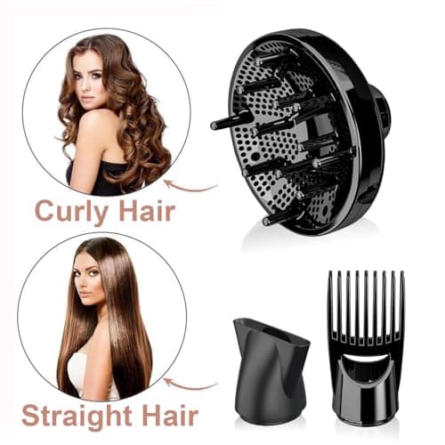 Blow Dryer - JINRI 1875W Diffuser Hair Dryer for Salon & Personal Use – Powerful, Fast Drying with Diffuser, Comb & Nozzle for Women & Men, with ALCI Safety Plug, Black view 2