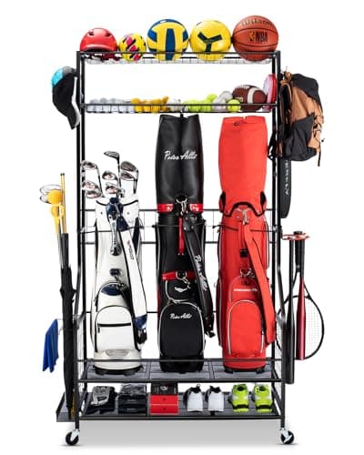 FHXZH Golf Bag Storage Garage Organizer, 3 Golf Bag Stand and Sports Equipment Storage Rack for Garage with Wheels, 4 Hooks, Golf Accessories Storage Rack with Extra Golf Clubs Display Rack