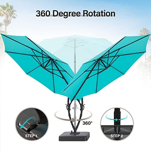 LAUSAINT HOME 11FT Patio Cantilever Umbrella with Base Outdoor Curvy Round Offset Umbrella, Heavy Duty Aluminum Patio Umbrella with 360°Rotation and Windproof, for Garden, Pool, Deck, Backyard, Market(11 FT Turquoise Blue） view 3