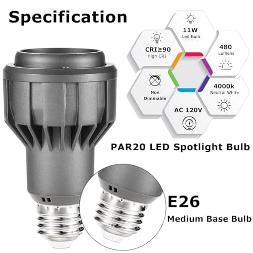 HengBo LED PAR20 Spotlight Bulb, E26, 15-60° Adjustable Beam Angle, 11W 4000K Neutral White for Accent Lighting in Home, Kitchen, Restaurant, Silver Aluminum Housing view 2