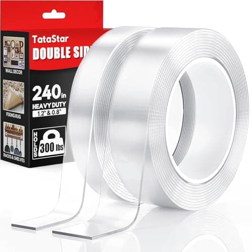 2 Rolls Double Sided Tape Heavy Duty - 240" x 1.2" & 0.8" - Removable Nano Tape for Poster Carpet Picture Hanging Strip Rug Wall Outdoor - Clear & Strong Adhesive Mounting Filament Tape - 20 Feet