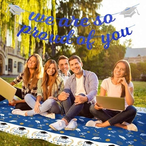 Navy-Blue White-Silver Party-Decoration Graduation Banner - 8pcs Kits Cap Garland Streamers, Paper Tissue Pom Poms Flowers,We are So Proud of You Congratulations Grad 2026 Decor Lasting Surprise view 3