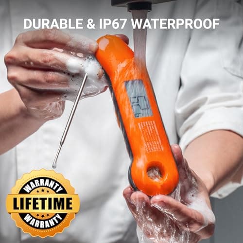 Professional Meat Thermometer Digital, Ultra-Fast 0.5 Sec Instant Read, NIST Certified ±0.5°F Accuracy, IP67 Waterproof, Auto-Rotating Backlit Display, Lift-to-Wake, for BBQ/Candy, Orange&Gray view 3