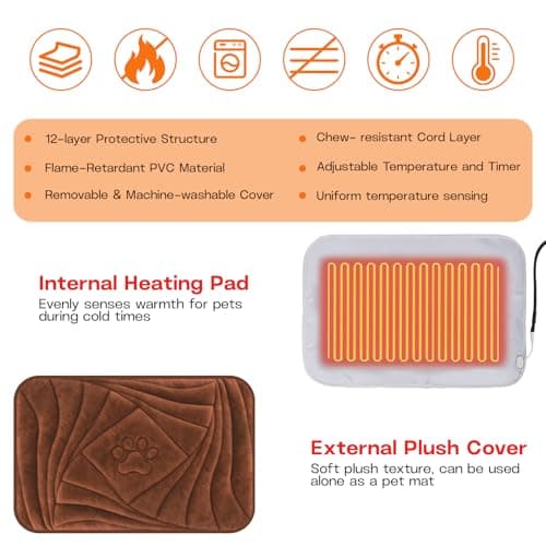 Petrendy Large Dog Heating Pad with Washable Cover, Soft Plush Pet Heating Pad with 9 Adjustable Temperature, Timer, Chew-Resistant Cord, Waterproof Electric Heated Pet Bed Mat for Dogs and Multi-Cats view 3