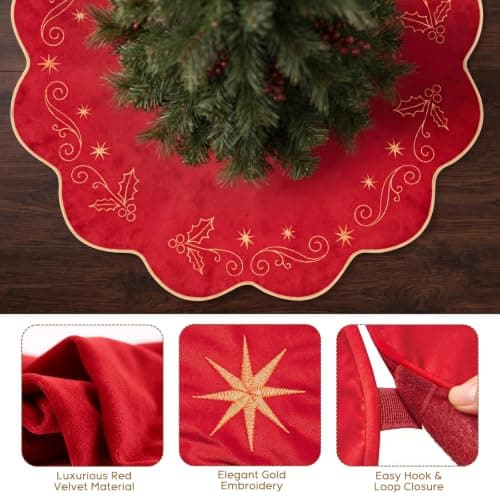 VOXOR 48 Inch Christmas Tree Skirt, Large Red Velvet Tree Skirt with Gold Embroidery, Vintage Tree Skirts with Hook and Loop Closure for 7 & 7.5 & 8 Feet Trees, Xmas Decorations for Home Living Room view 4