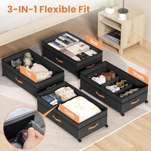 Mqaue Under Bed Storage with Wheels, 72L XXL Under the Bed Storage Containers Large, 10‘’ Tall Adjustable Storage for Underbed with Lids, Rolling for Shoes, Clothes, Blankets, Black view 5