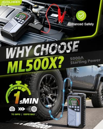 SAILHAPI Jump Starter with Air Compressor, Save Time & Money on the Road, Cool Car Accessories for Men view 2