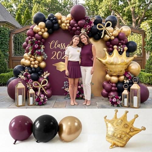 Dark Purple Black Gold Balloon Garland Arch Kit - Double Stuffed Plum Burgundy Balloon with Foil Crown & Gold Long Balloons for Graduation, Mother's Day, Prom, Birthday, Wedding, Queen Party view 3