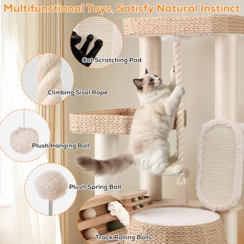 EMUST Luxury Modern Cat Tree Tower 50IN - Heavy-Duty Multi-Level Cat Condo with Extra-Large Hand-Woven Rattan Bed & Thickened Scratching Post for Indoor Cats Large Adult view 6