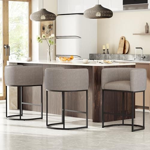 VATROS 26" H Counter Height Bar Stools Set of 3, Modern Barrel Counter Stools with Backrest and Arms, Linen Fabric Upholstered Accent Barstools for Kitchen Island,Support 450 LBS (Sand) view 1
