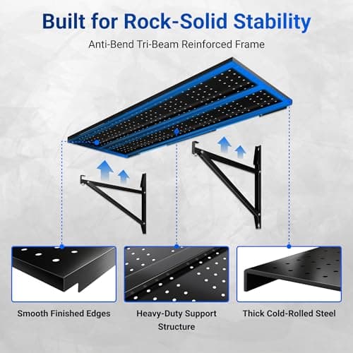 FLEXIMOUNTS 2-Pack 1x3ft Garage Shelving 14-inch-by-34-inch Perforated Wall Shelf, Heavy Duty Garage Storage Rack with 700 lbs Load Capacity, Wall Mounted Organization System for Tools, Heavy Bins view 4