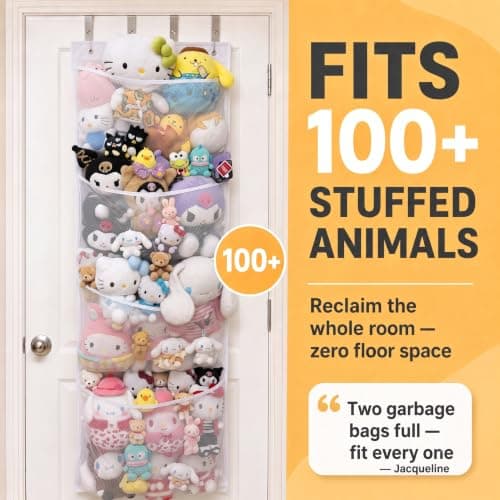 Honeyera The Original Stuffed Animal Storage (Patented) - Over Door Organizer for Stuffies, Baby Ideas Holder, Toy Plush Hammock Hanging Net Big Girls Toddler Large Bag Animals Stuffy Behind view 2