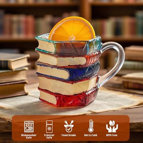 3D Painted Book Coffee Mug, 7 oz Glass Cup, Handmade Stacked Books Design, Colorful Handles, Gift for Book Lovers (Colorful,Small) view 6