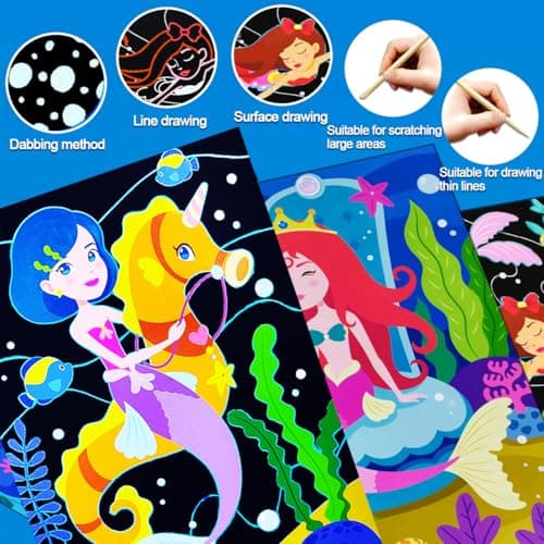 JUNQIU Scratch Art for Kids, Mermaid Black Rainbow Scratch Art Paper Set-Arts and Crafts Kits & Supplies, Mermaid Toys Gifts for Toddlers Girls Birthday Christmas view 2