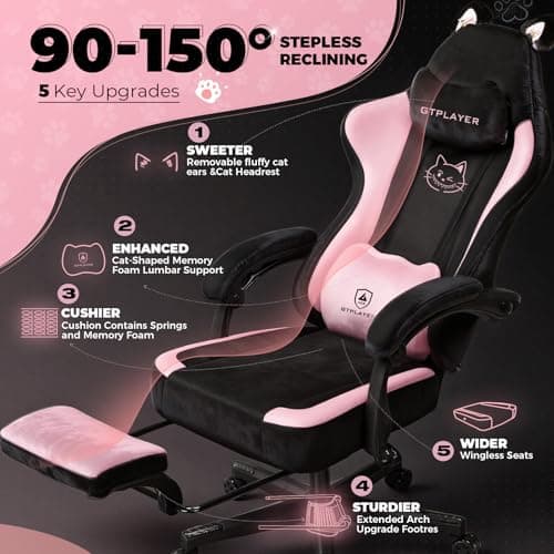 Pink Gaming Chair Cute with Cat Ears Ergonomic Computer Chair with Cat Embroidery Adjustable Memory Foam Lumbar Support and Headrest Comfortable Reclining Office Chair Soft Velvet Fabric view 5
