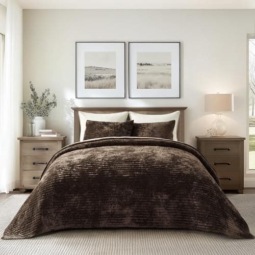 EVERGRACE Velvet Quilt Set King Size, Luxurious Soft Striped Channel Bedding Set, Lightweight Velvet Comforter for All Season, Oversized Bedspread Coverlet with 2 Matching Shams, Walnut Brown view 1