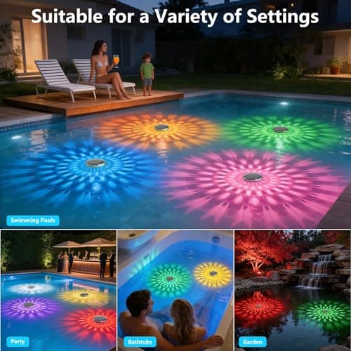 Solar Powered Floating Pool Lights(4 Pack), Pool Lights That Float with Remote Control, 12 Lighting, Timing Mode, IP67 Waterproof for Inground/Above Ground Pool, Pool Party, Bathroom, Bathtub, Garden view 6