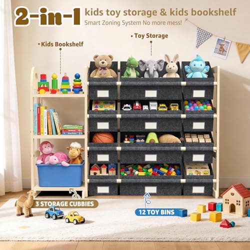 HONGDDY Toy Storage Organizer with 3 Shelves and 12 Bins, Bookshelf/Bookcase, Kids Bin Shelf, Toys Box for Playroom Organization for Bedroom & Room view 3