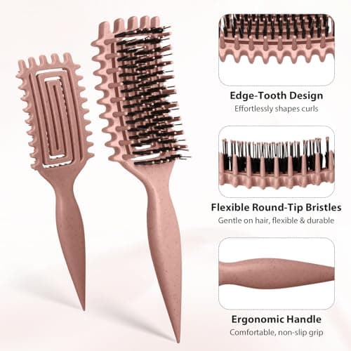 Quenxe Curl Defining Brush, Curly Hair Brush with Vented Design for Detangling and Shaping, Wet & Dry Use, Reduces Pulling for Women and Men (Pink Brown) view 3