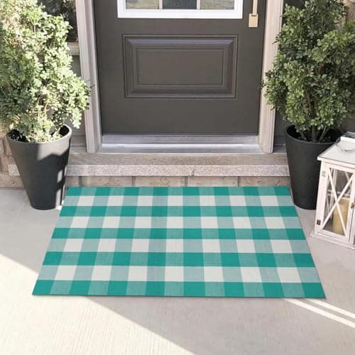 LYGLIGH Green and White Outdoor Rug, Buffalo Plaid Rug, 27.5"x43" Checked Rugs Washable, Cotton Front Door Mat Indoor, Low Pile, Fade Resistant, Pet-Friendly Area Rug for Kitchen, Farmhouse, Entryway — image 1