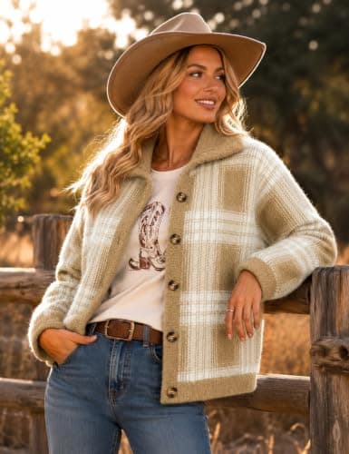 CiCiBird Womens Plaid Sweater Jacket Chunky Knit Cardigan | Funnel Neck, Front Pockets, Button Front Closure, Fuzzy Texture, Plaid Pattern, Fall Winter Layering, Casual Outfits view 4