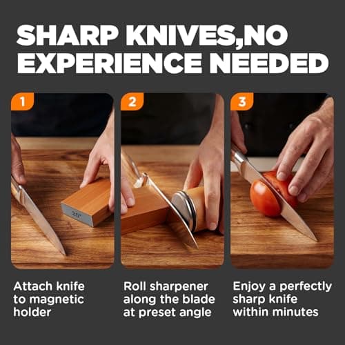 EUHOME Rolling Knife Sharpener Magnetic 15 20 Degree Angle Guide - 2-Stage Diamond Ceramic Sharpening Kit with N52 Magnets Heavy Duty Wood Base, Sharpener Tool for Kitchen Knives, Gift for Men Dad view 3