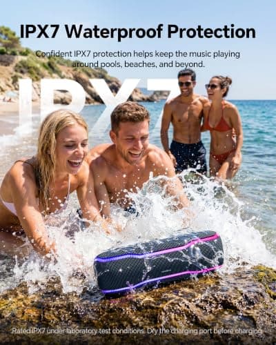 Bluetooth Speaker, IPX7 Waterproof, 50W Peak/25W RMS, Matte Black | 24H Playtime, Flashing lights, TWS pairing, ideal for beach trips, outdoor parties, birthdays, graduations and everyday use view 6
