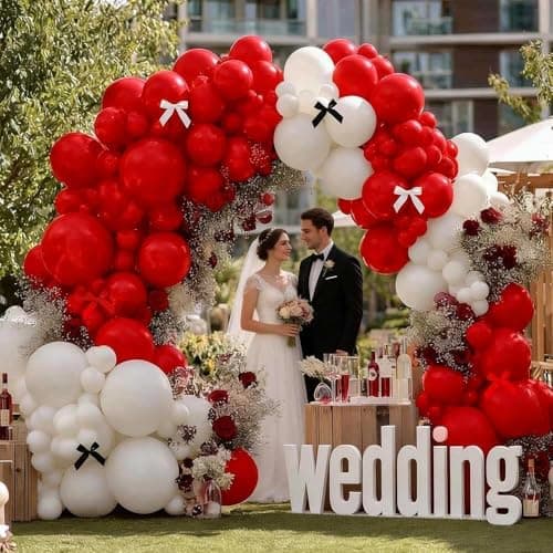Double Stuffed Red Balloon with Bow, Matte Ruby Red Latex Balloon Arch Garland Kit in Different Sizes 5/12/18 in for Birthday Wedding Baby Shower Mothers Anniversary Bridal Shower Party Decorations view 2