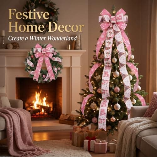 Pink Christmas Wired Edge Ribbon, 2.5 Inch 30 Yards, Santa Snowman Snowflake Patterns, Polyester, 6 Rolls for Wrapping, Bows, Wreaths (Pink&White) view 5