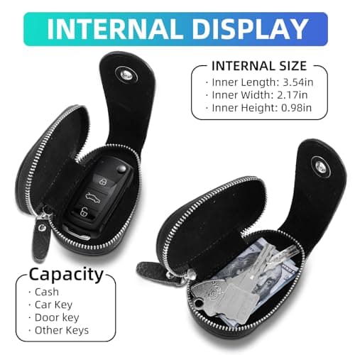 SKvoen Black Genuine Leather Car Key Pouch Fob Case for Universal Car Keys Cover, Key Chain Keychain Holder Metal Hook and Keyring Zipper Bag for Remote Key Fob view 6