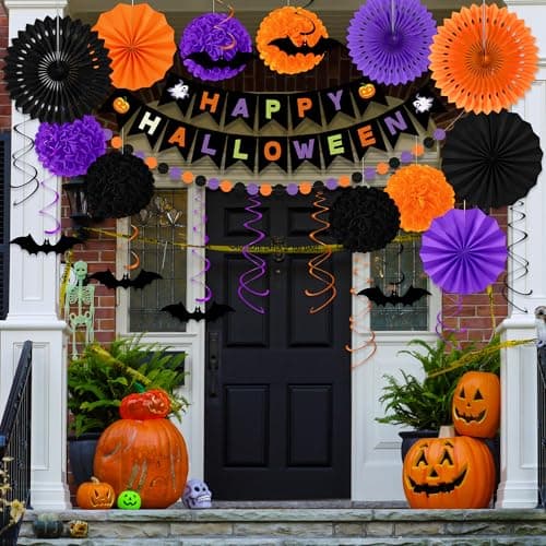 26PCS Halloween Party Decorations, Purple Black Orange Paper Fans Set, Halloween Pompom Banner Garland Fans Hanging Swirls for Trick or Treat Party Decor Accessories Indoor Outdoor Home Decorations view 5
