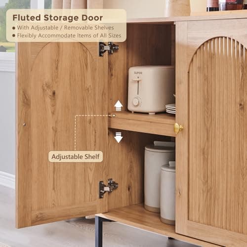 IFGET Modern Buffet Cabinet with Storage, 92.63" W Fluted Arched Sideboard Cabinet w/Adjustable Shelves, Wooden Modular Coffee Bar for Dining Room, Kitchen, Living Room, Entryway, Natural view 4