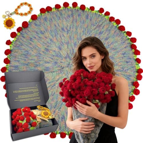 Henpon Mother’s Day Gifts for Mom, Hand-Crocheted Rose Bouquet Blanket 43 Inch - Soft Floral Throw, Forever Rose Gift for Women Anniversary Birthday Valentine’s Day view 1