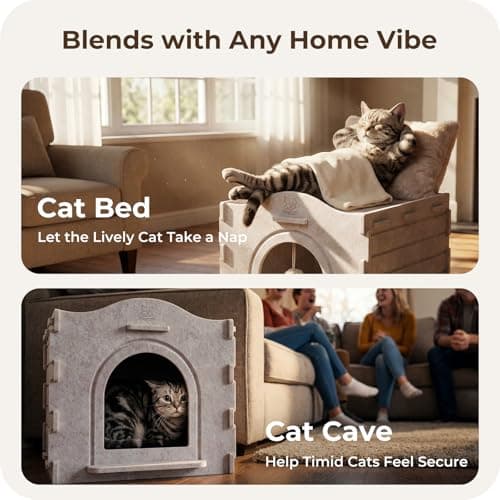 Apasiri Cat Bed Cave for Indoor Cats: New Felt Cat Bed with Fluffy Ball Hanging, Foldable Cat House with Scratch-Resistant Board, Hideaway Cat Cave for Timid Cats, Sturdy Two-Tier Cat Condo - Gray view 2