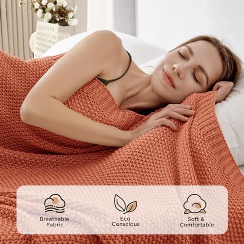 Joydeco Chunky Cable Knit Throw Blanket, Lightweight 100% Cotton Soft Cozy Throw Twin Blanket for Couch Bed and Sofa, Rustic Breathable Farmhouse Blanket Gift for Women Men(Burnt Orange, 60"x80") view 5